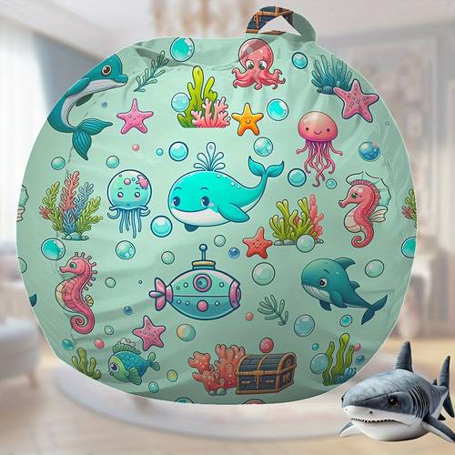 sturdy oversized bean bag chair cover designed for storing stuffed animals and plush features a underwater creatures theme ideal for tidying up rooms with a washable zipper cover and handle suitable for boys and girls