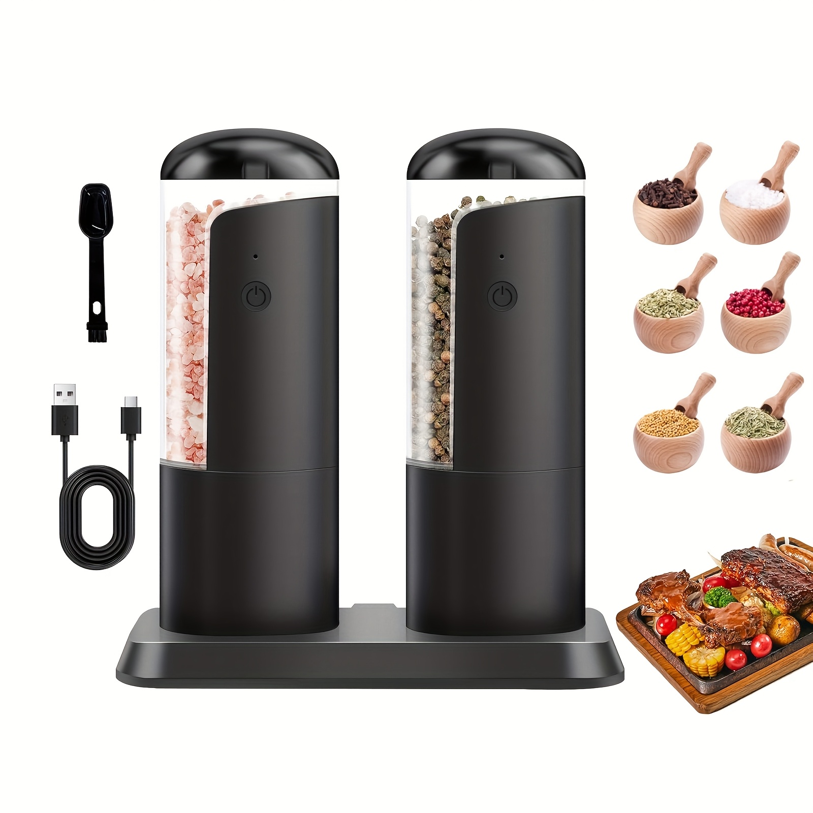 TEMU Rechargeable Electric Salt And Pepper Grinder Set With 2 Units, Featuring Usb-c Charging, Automatic Operation, A Charging Base, And White . It