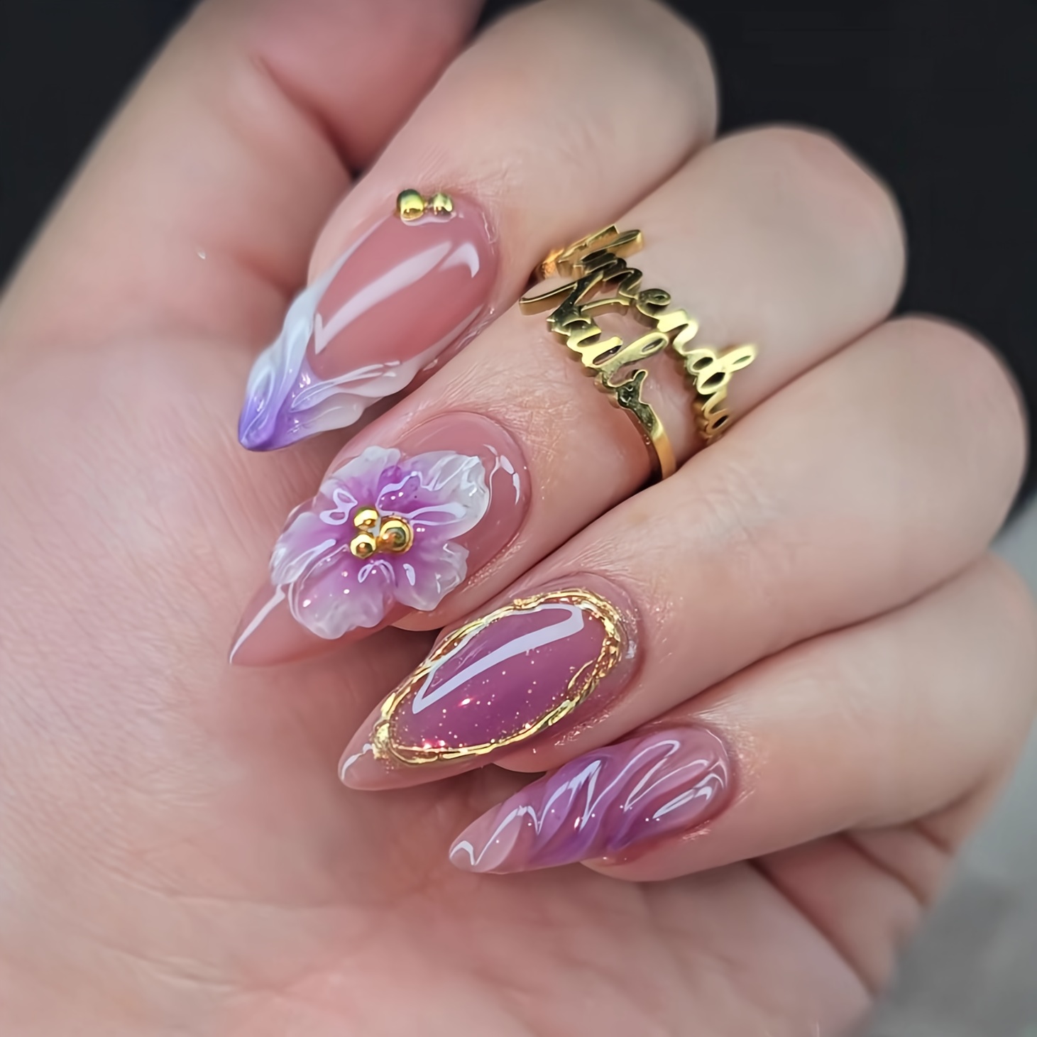 TEMU Améliorez , 24pcs Faux Ongles Chinois en , French Embossed Glue 3D Fleur Design Perle Dorée, Patch d'Ongles Brillants Faux Ongles Détachables