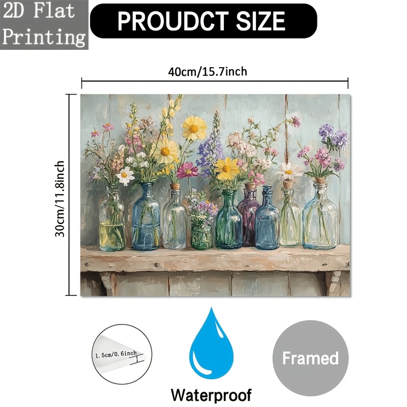 TEMU 2D Plat, 2D Plat, 2D [Décoration de Rayonnage Vintage Encadrée en Bois] Art sur Toile de Fleurs - 11.8"X15.7" Décoration Murale Encadrée en Bois