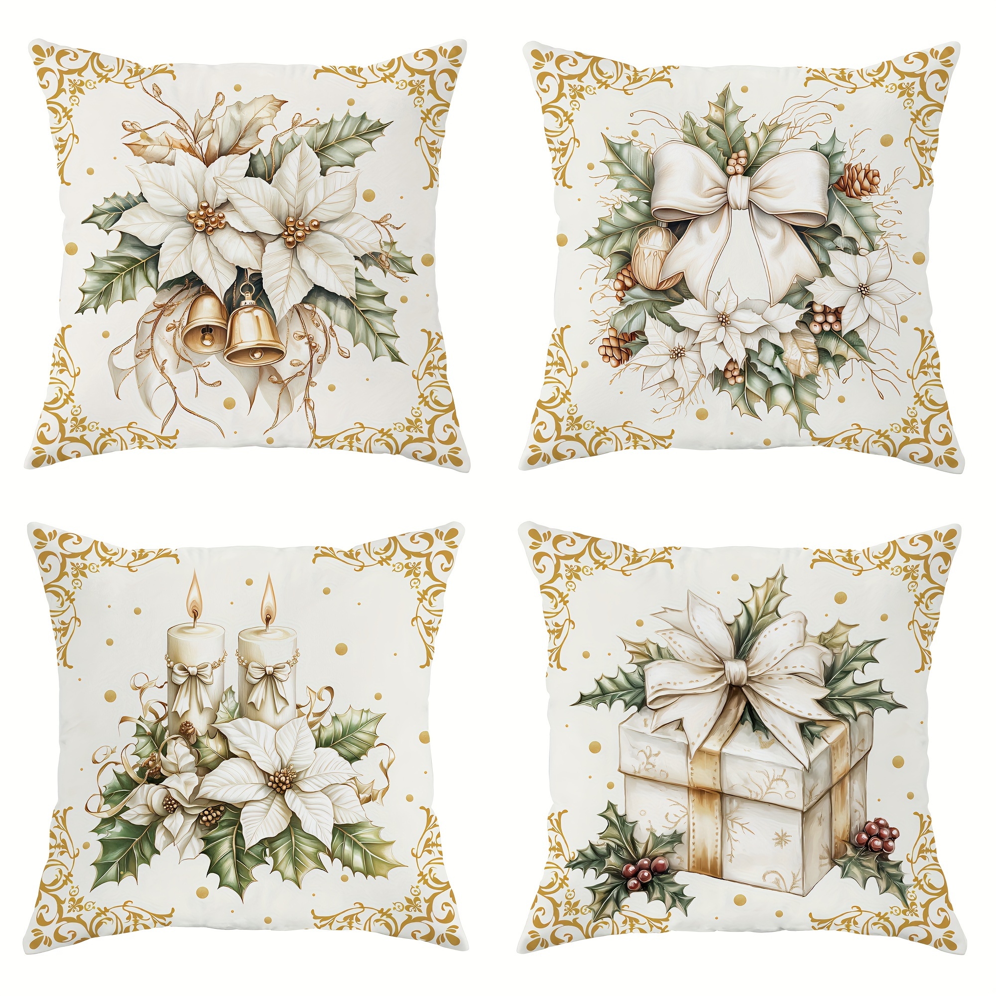 

Set Of 4 - Christmas Wreath & , 18x18 , , Zippered Polyester Decorative For Sofa And Bed Decor