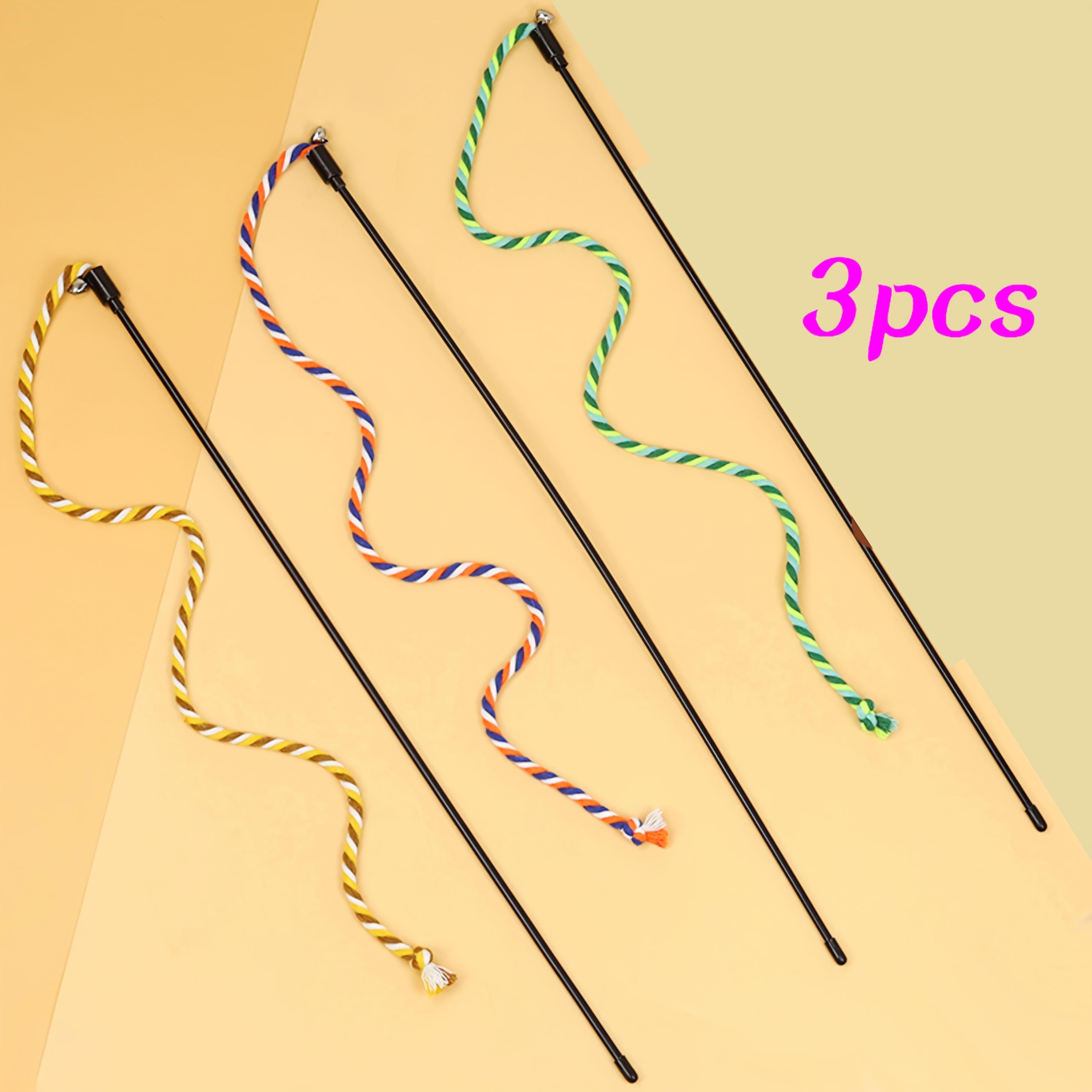 3pcs interactive cat teasing wand with colorful string bell and beads durable non scratch chew toy for cats fun striped design great for indoor play and exercise cat toys without battery Product details 3