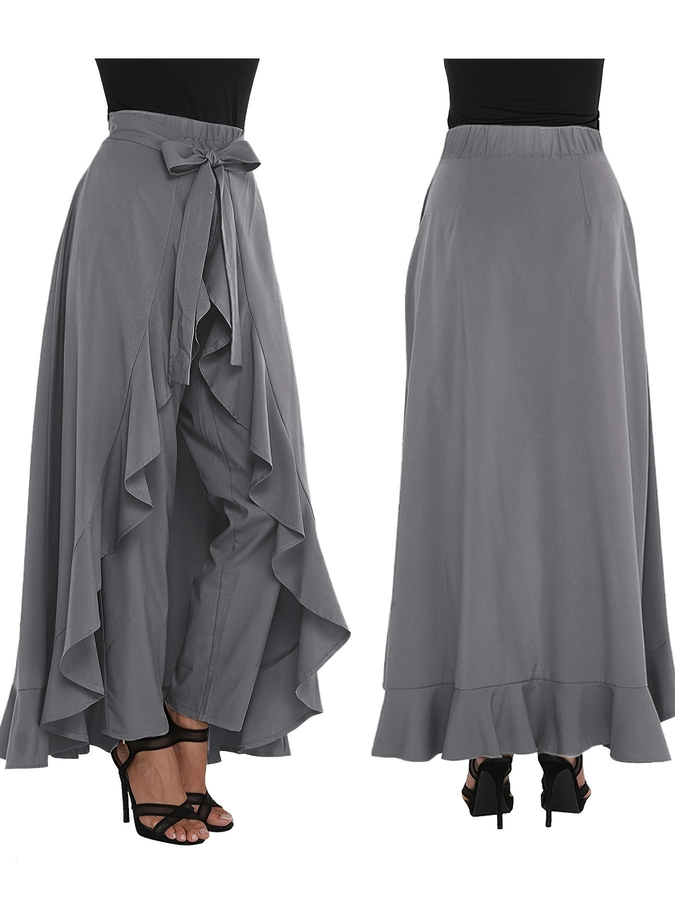 IVE レイ着用★ILLIGO Ruffle color block skirt pants Ruffle Pant Skirt for Women Long Split Tie Waist Chiffon