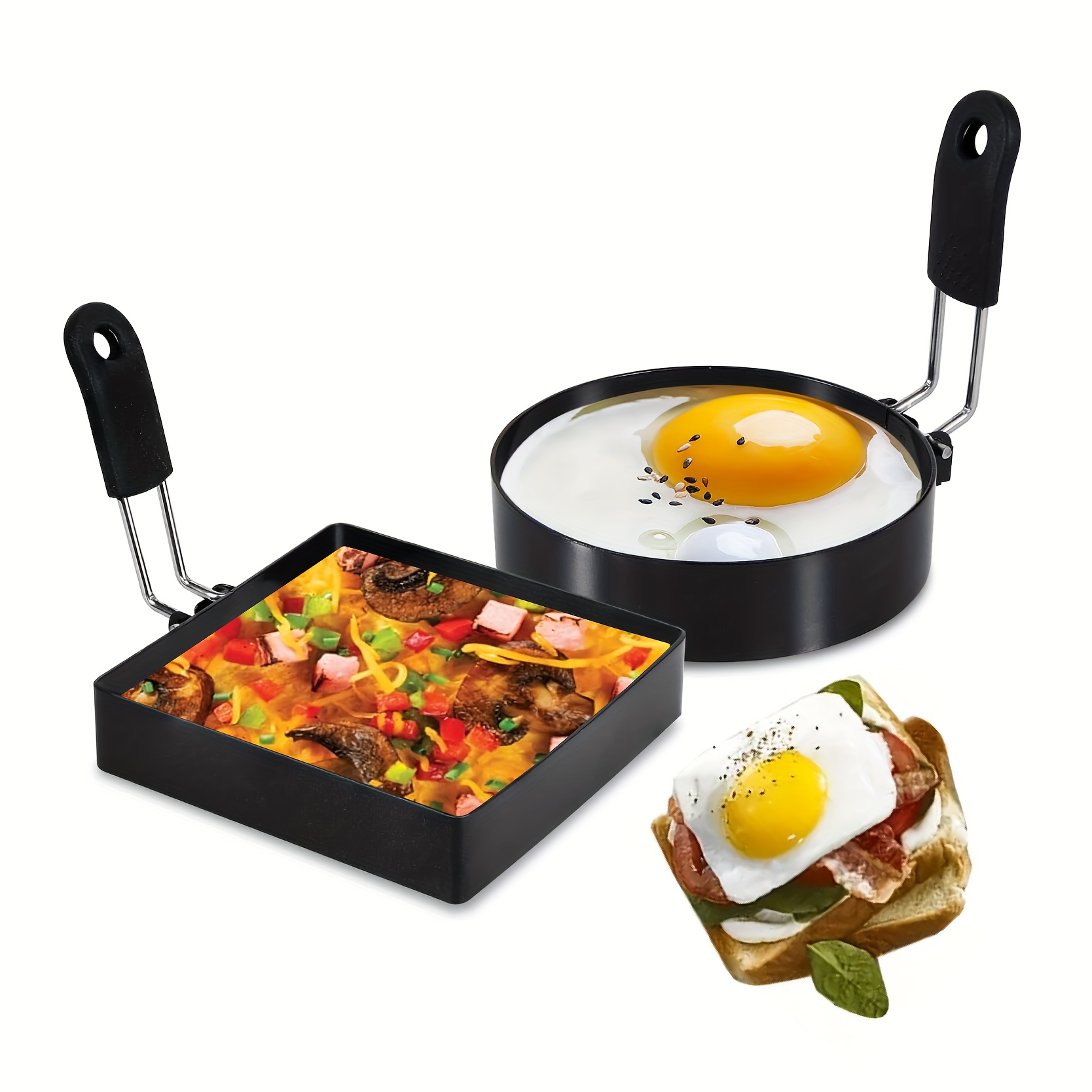 TEMU 2pcs Egg Ring Set, Round & Square Shape With Silicone Heat Resistant Handle, Durable Stainless Steel Egg Cooking Mold, Perfect For Frying Egg,