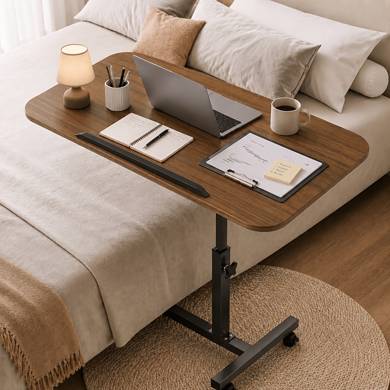 Image of Mobile Bedside Laptop Table, Height Adjustable Laptop Desk, Rolling Side Table With Wheels, Sofa Work Table, Adjustable Home Table, Spacious Tabletop, For Bedroom, Living Room, Study And Home Office