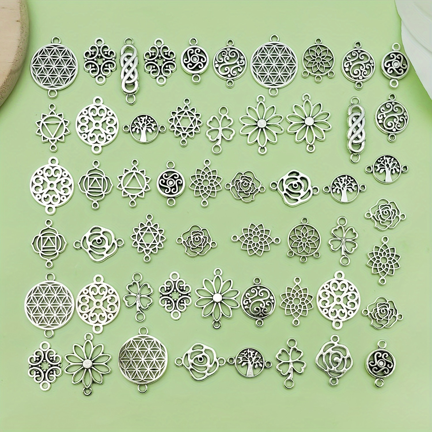 

50pcs Antique Silvery Flower Charms - Hollow Chakra Pendants For Making, Bracelets, Necklaces & Earrings