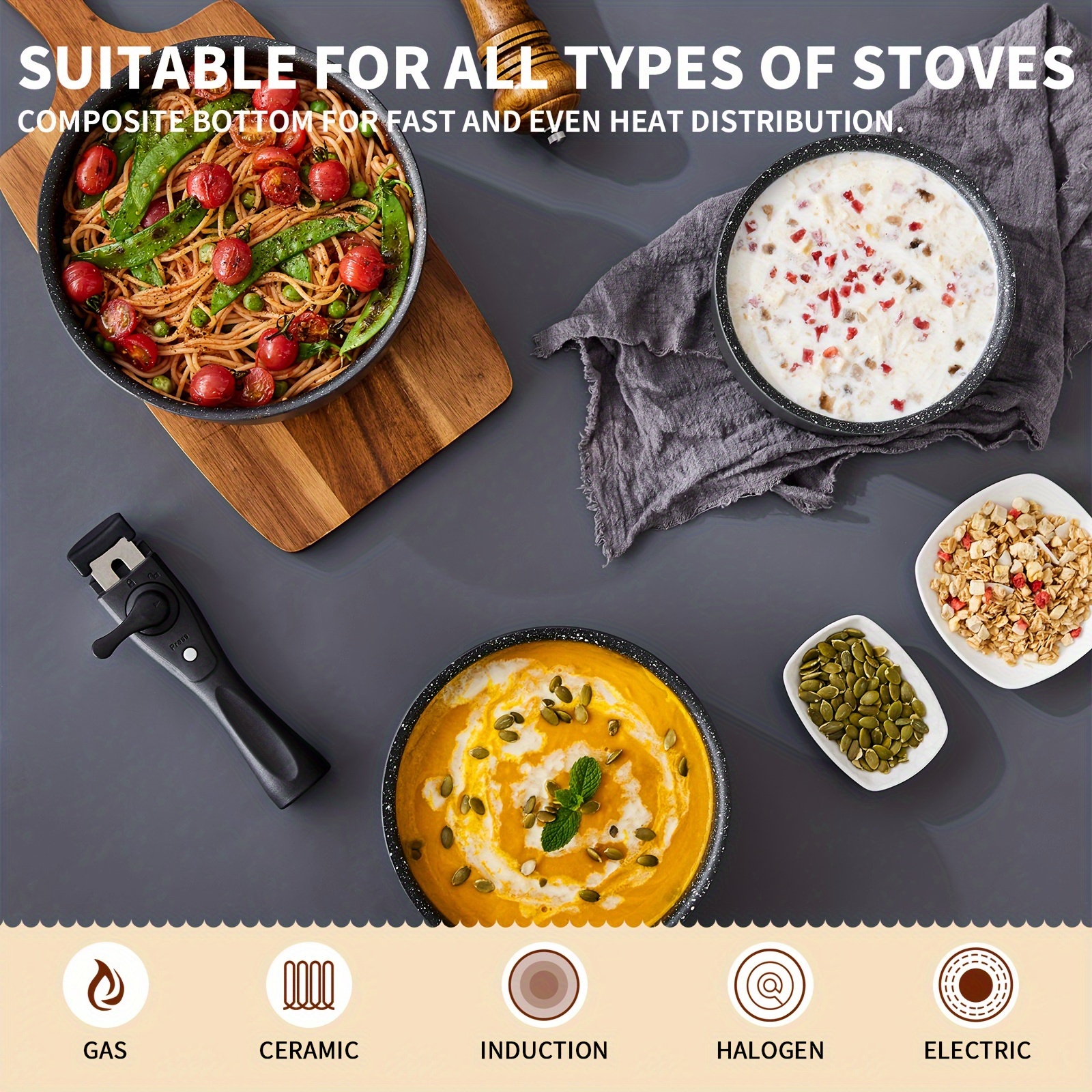 TEMU Non Stick Saucepan Set With Removable Handle And Sealing Lids, Non Stick Pot Set For Induction , 4pcs Saucepan For All , Stackable Design And