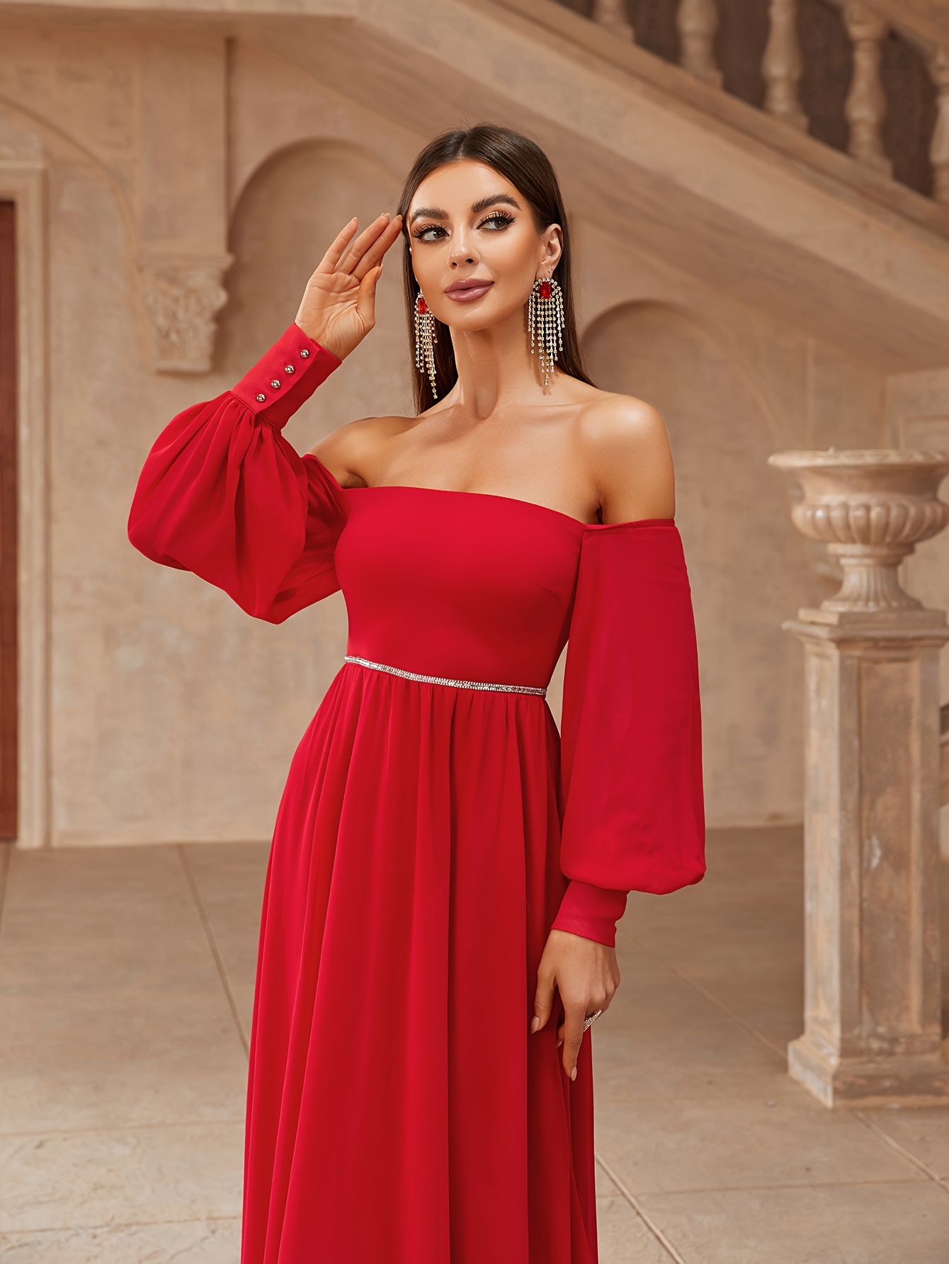 shoulder long sleeve chiffon gown | temu Temu
