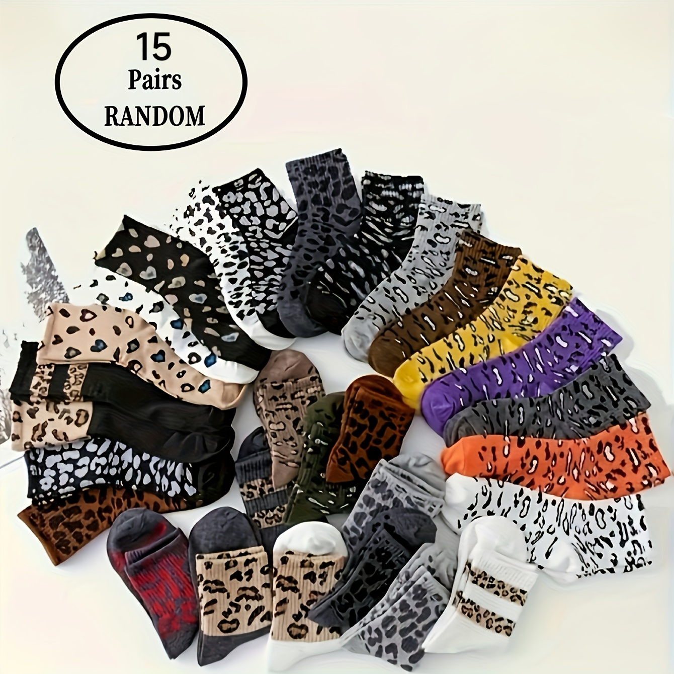 E-shop 15 Paar modische Socken mit Leopardenmuster in zufälligem Stil, weiche atmungsaktive Damensocken für alle Jahreszeiten, Sport-