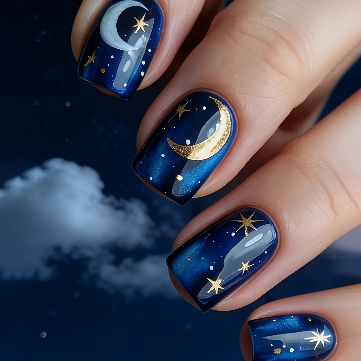 TEMU Style 24pcs Short Square Women's Moon Pattern Design Glossy False Nails Extension Removable Nails With Jelly Glue 1pc Nail File 1pc