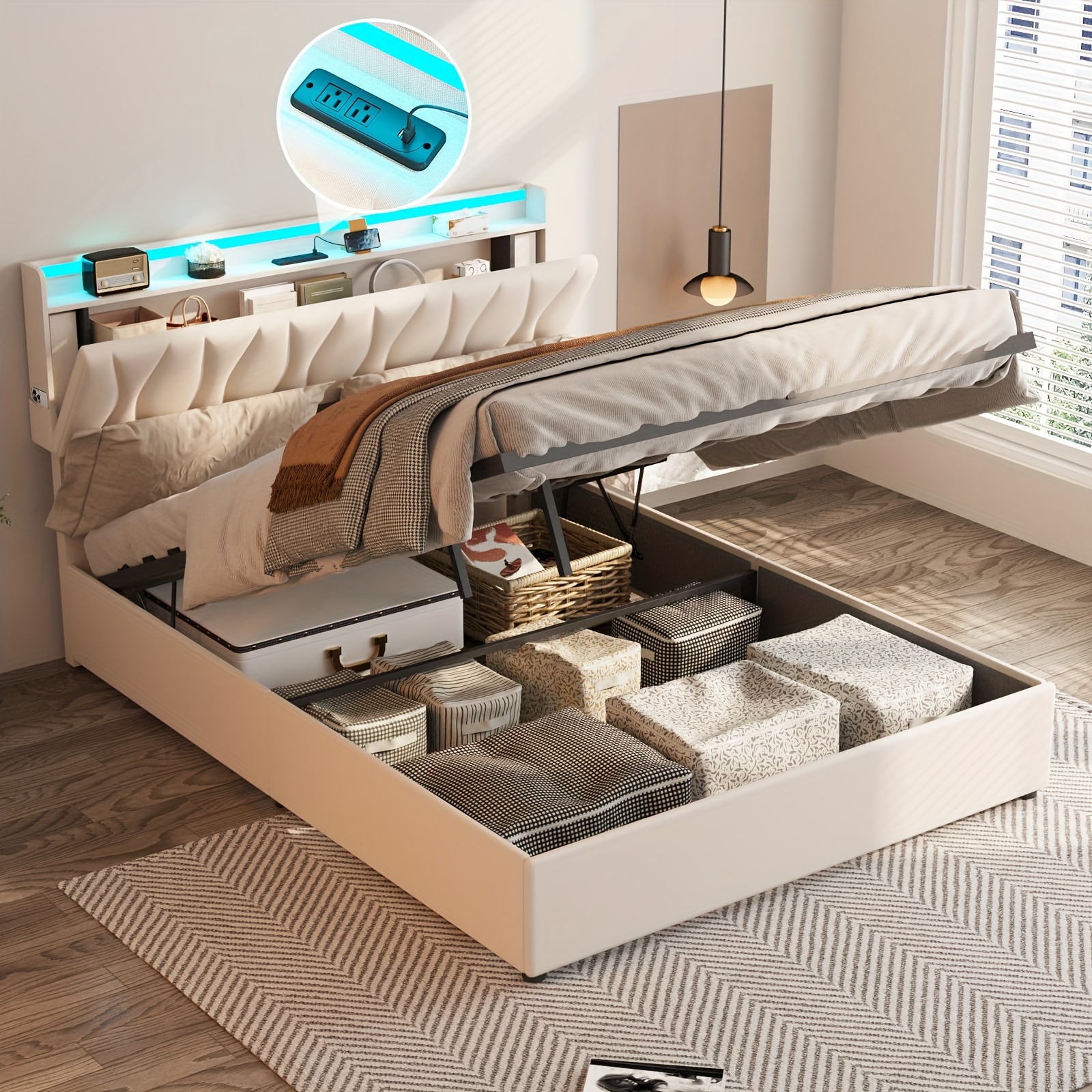 

Storage Bedstead, With Adjustable Headboard, Charging Station, Led Light, Wooden Strip, , No Spring Box