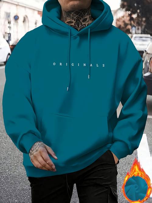 mens casual hooded sweatshirt with simple text pattern long sleeve drawstring polyester ideal for fall winter