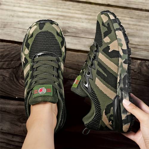 mens camouflage sneakers made of breathable mesh material low top lace up style suitable for outdoor hiking and training in