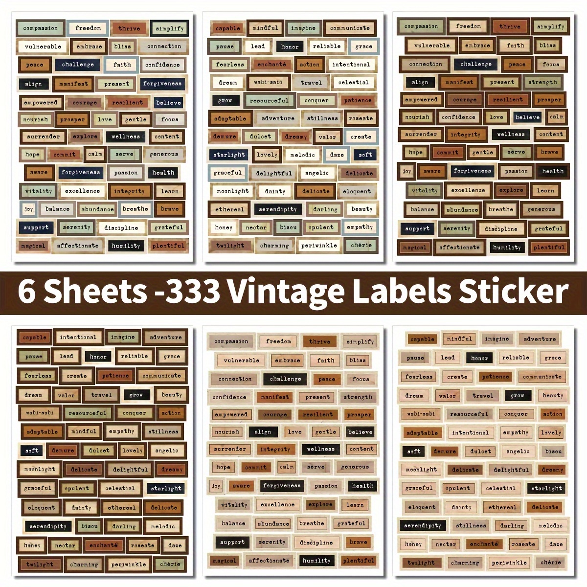 Image of 333pcs Vintage Word Stickers, Vintage Text Label Stickers, Quote Stickers, For Supplies, Junk Journals, Craft Card Making, Collage Albums, Decorative Aesthetic Stickers