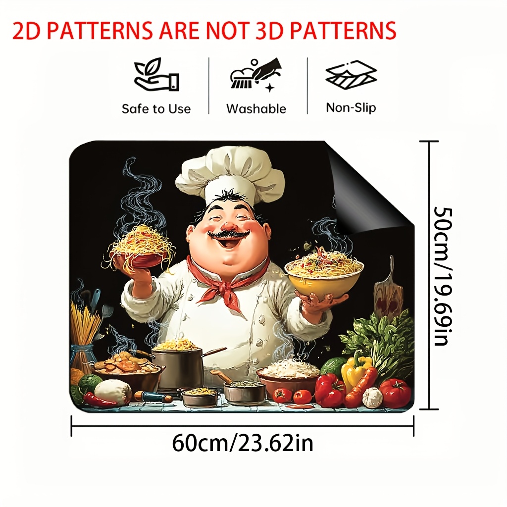 TEMU 1pc, 2d Flat Printing Stove Top Protector Mat, Chef Preparing Pasta With Tomatoes, Suitable For Oven Mat, Washing Machine Mat - Kitchen
