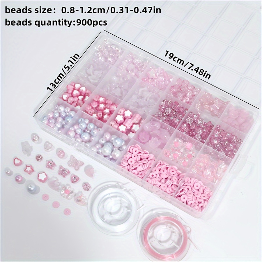 A Box With 24 Compartments Sized Between 0.8 2 Cm, Filled With Pink Acrylic Beads, , Soft Bohemian Clay, And 2 Elastic Threads, Suitable For Bracelets, Necklaces, Rings, And Earrings