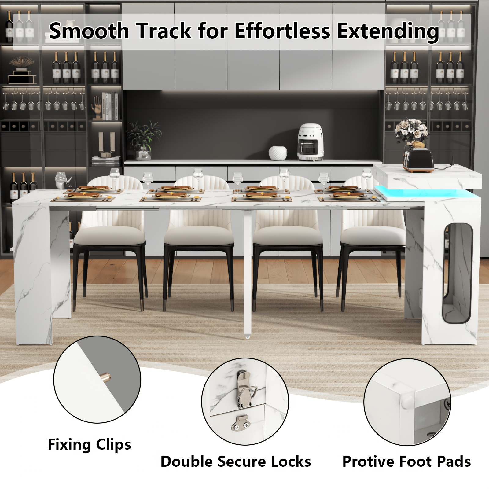 Extendable Dining Room Table with Charging Station & LED Lights, White Faux Marble Table, 19.7