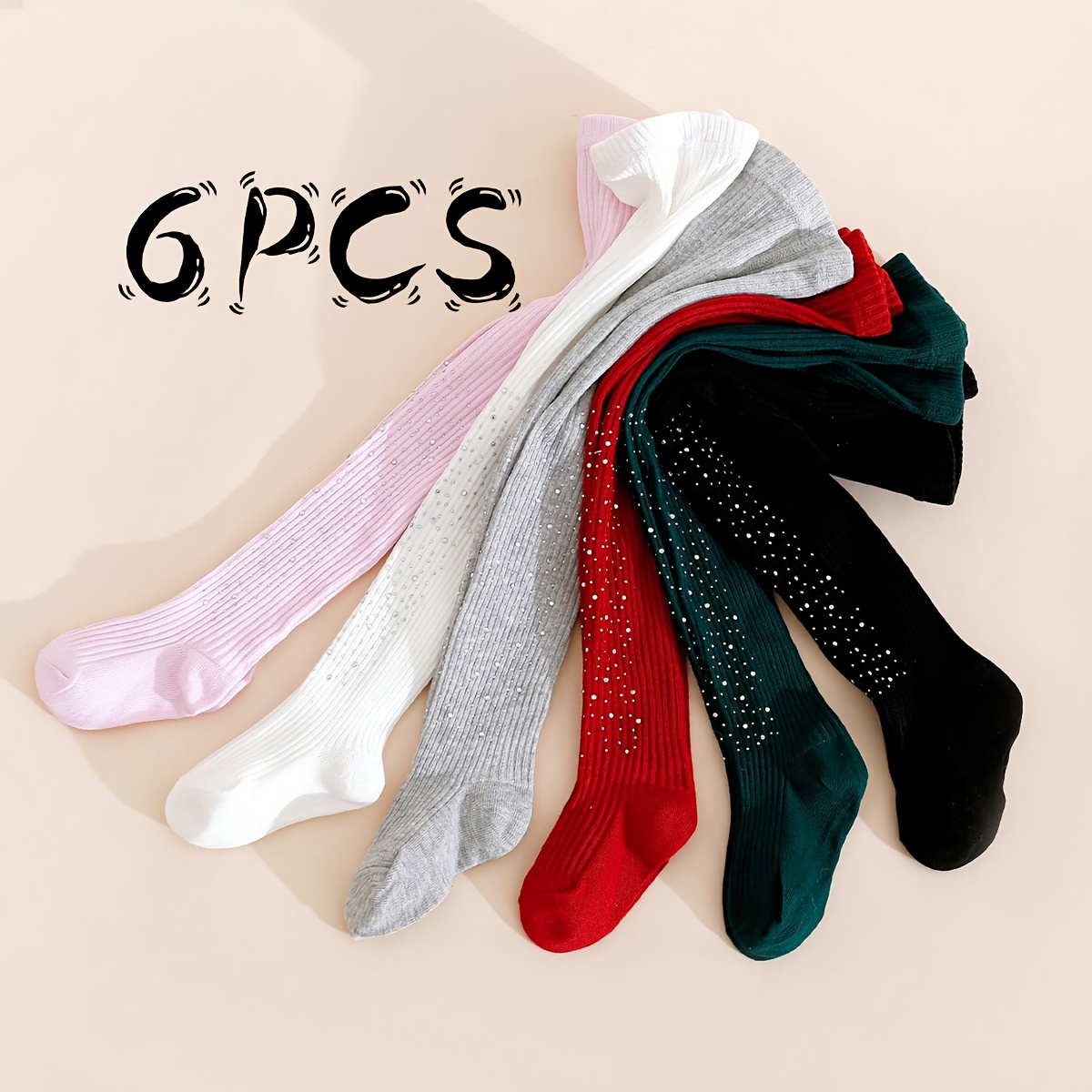 6-Pack Meisjes Slim-Fit Panty's met Glitter Teen & Hak - All-Season Effen en Verticale Streep Legwear, 32/D Denier Doorschijnende Maillots met Gerimpelde Rand, Comfortabele Casual Kleding voor School & Feestjes (Roze, Wit, Grijs, Zwart, Rood, Groen) – Ideaal om te Lagen in Outfits of als Dagelijkse Dracht na de Vakantie