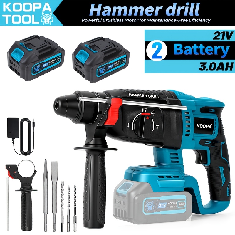 Image of Koopa Tool Sds-plus 4150rpm Brushless Hammer Drill With Safety Clutch And 360° Auxiliary Handle, 1/2 3.0ah Battery And 5 Drill Bits, For Concrete, Masonry And