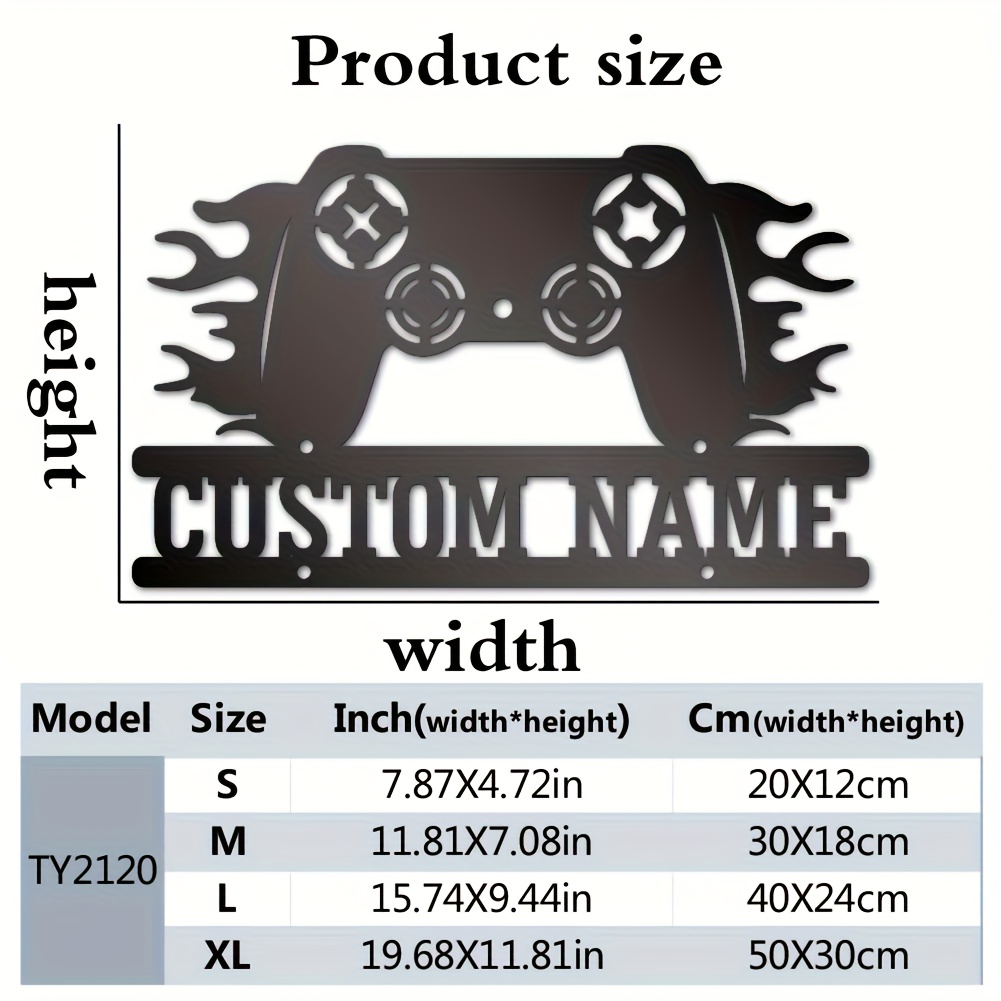 TEMU 1pc Customizable Video Game Controller Metal Wall Art - Personalized Game Room Decor With Flame Accents, Iron Material, Gamers And Game Room