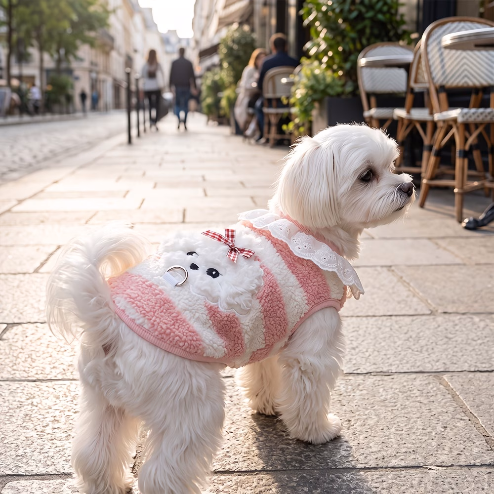 thick striped soft plush dog vest metal d shaped traction ring keeping warm indoors and outdoors in autumn and winter suitable for small and medium sized dogs such as marzis and bichons Product details 7