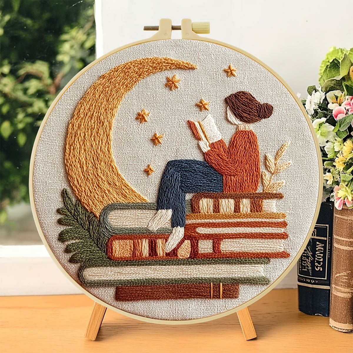 TEMU Kit de Bordado, 15X15Cm/5.9X5.9 Pulgadas, 20X20Cm/7.9X7.9 Pulgadas, Niña Leyendo, Kit de Bordado a , Adecuado para Principiantes Adultos, Tela,