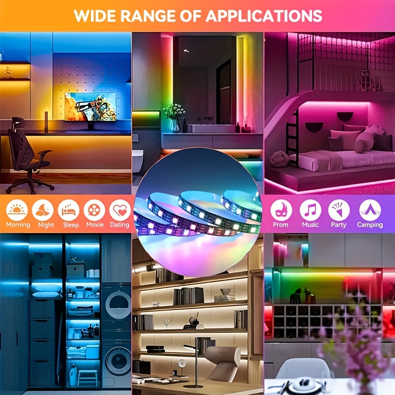 1бр RGB LED лента, захранвана от USB, управление чрез приложение, музикална синхронизация, таймер, регулируема яркост, многорежимно осветление за спалня, идеално за спалня, парти, Коледа, Хелоуин, подсветка на телевизор - неакумулаторна батерия за бутони