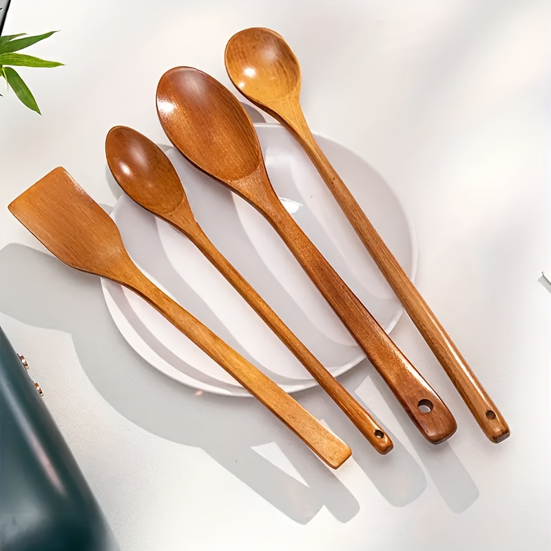 Image of 4pcs Long Handle Wooden Spoon, 33cm/12.99in, Stirring Cooking Extended Cooking Spoon, Food Wooden Spoon, Wooden Heat Insulation Soup Spoon, Kitchen Cookware Tools, Wedding Wedding Basket