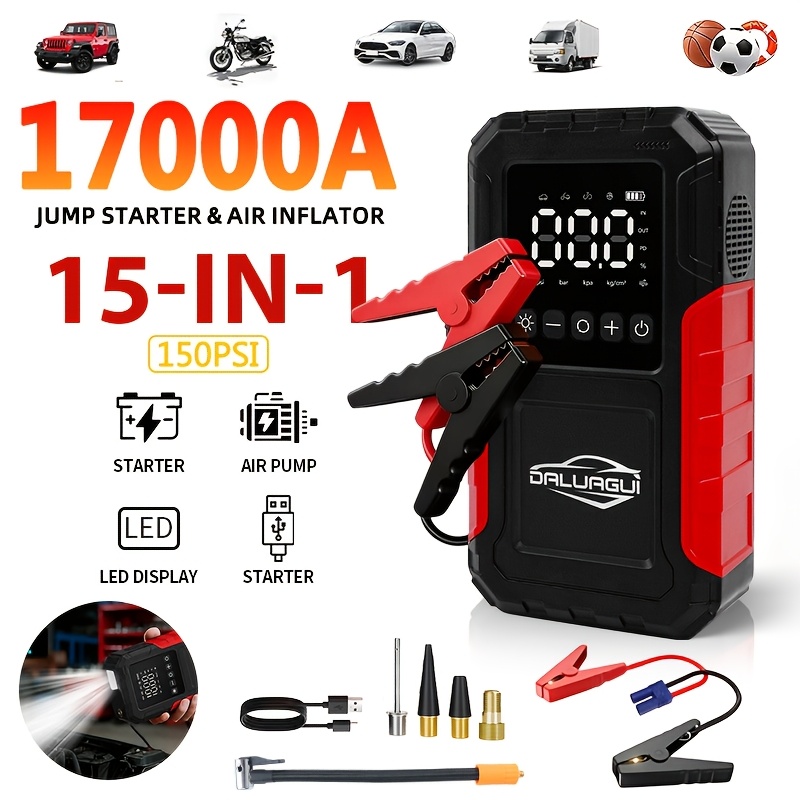 TEMU Portable Car Emergency Jump Starter With Smart Battery Charger, Optional 150 Psi Air Pump, Digital Display, Led Rescue Light, And Usb Fast