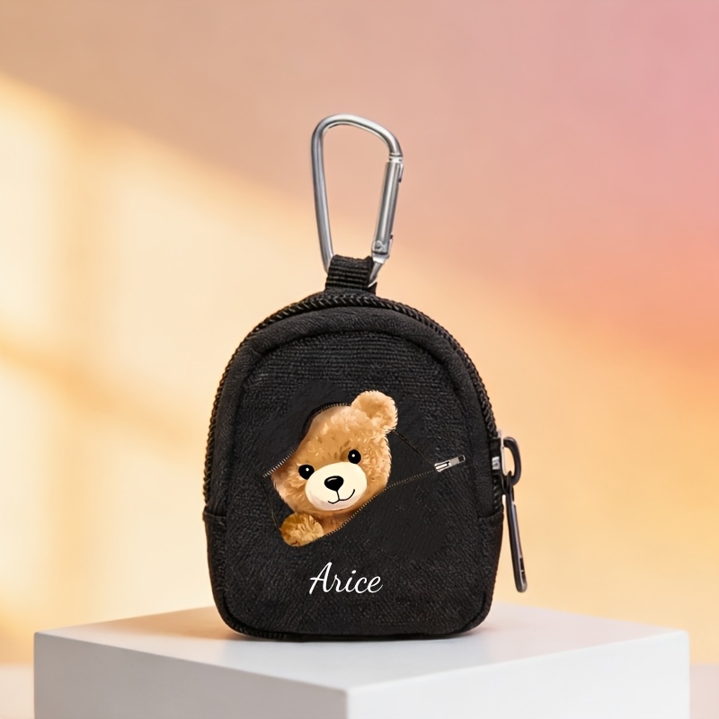 TEMU Personalized Customizable Zipper Bear Print Coin Purse With Name Or Text, With A Keychain - Zippered Closure, Compact Wallet Pouch, Suitable For