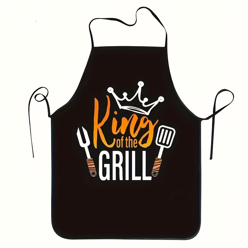 

1pc King Of The Grill Printed Apron - Durable, Easy-to-clean Polyester, Woven Kitchen Apron Perfect For Bbq, Cooking, And Baking