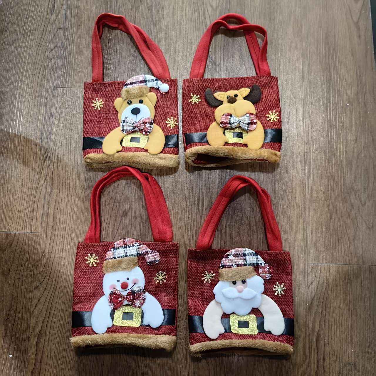 TEMU 4pcs Holiday Christmas Gift Bag Set - Festive Knitted Gift Bags With Santa, Snowman, Reindeer, And Bear Designs, Perfect For Holiday And Party