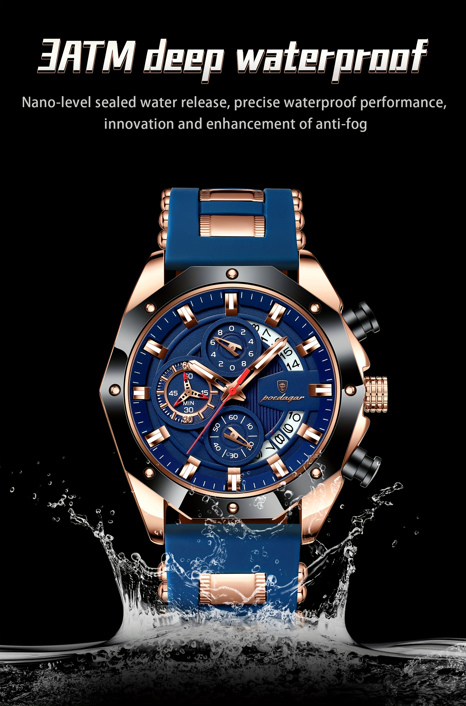 mens stylish blue   watch with date display waterproof nightlight silicone strap elegant business watch for teenagers and adults casual accessory stylish watch silicone strap watch details 9