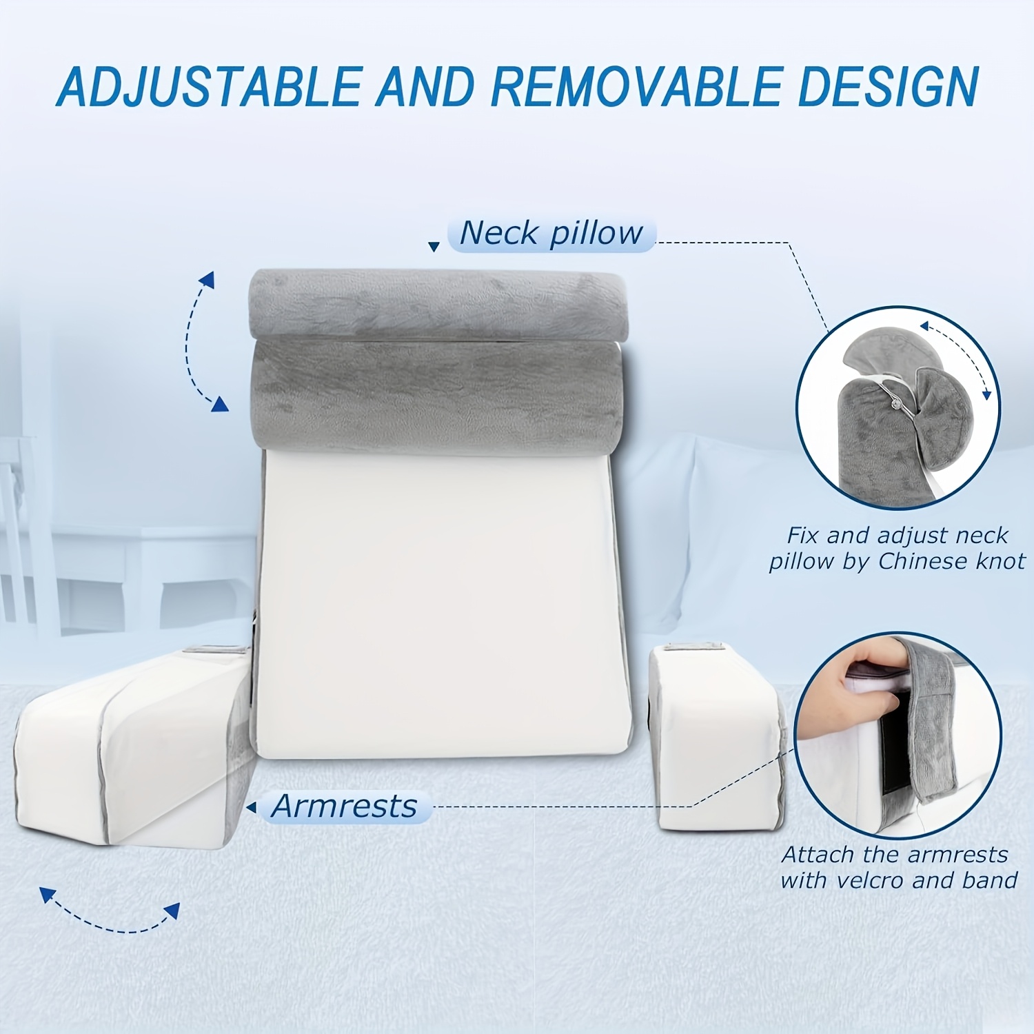 Comfortable Bed Reading Pillow - Ergonomic Sit-Back Cushion with Pockets, Ideal for TV Watching, Reading, Gaming - Soft Polyester, Gray/White, Perfect for Couch, Sofa, or Floor Rest