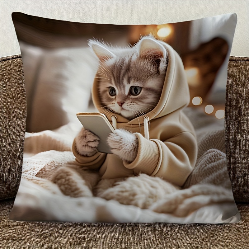 TEMU A Cute Cat Wearing A Hoodie Playing With A Phone Pillow Cover, 18*18 Inches, Single-sided Print, Short Plush Cushion Cover, Cozy Indoor Scene,