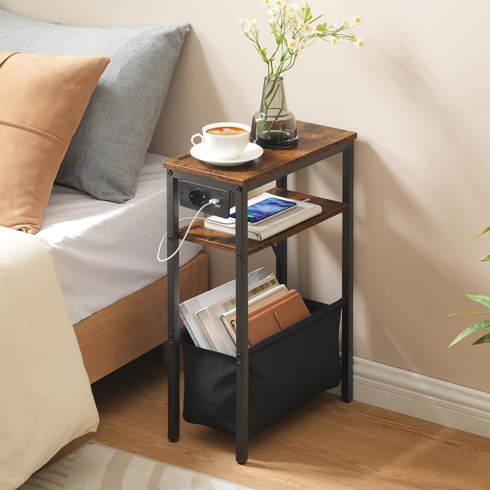 Dining Table With Charging Station, Bedside Table With Storage Space, Sofa With Socket And Usb Port, Suitable For Small Rooms, Bedrooms, Living Rooms, Rustic Brown And Black