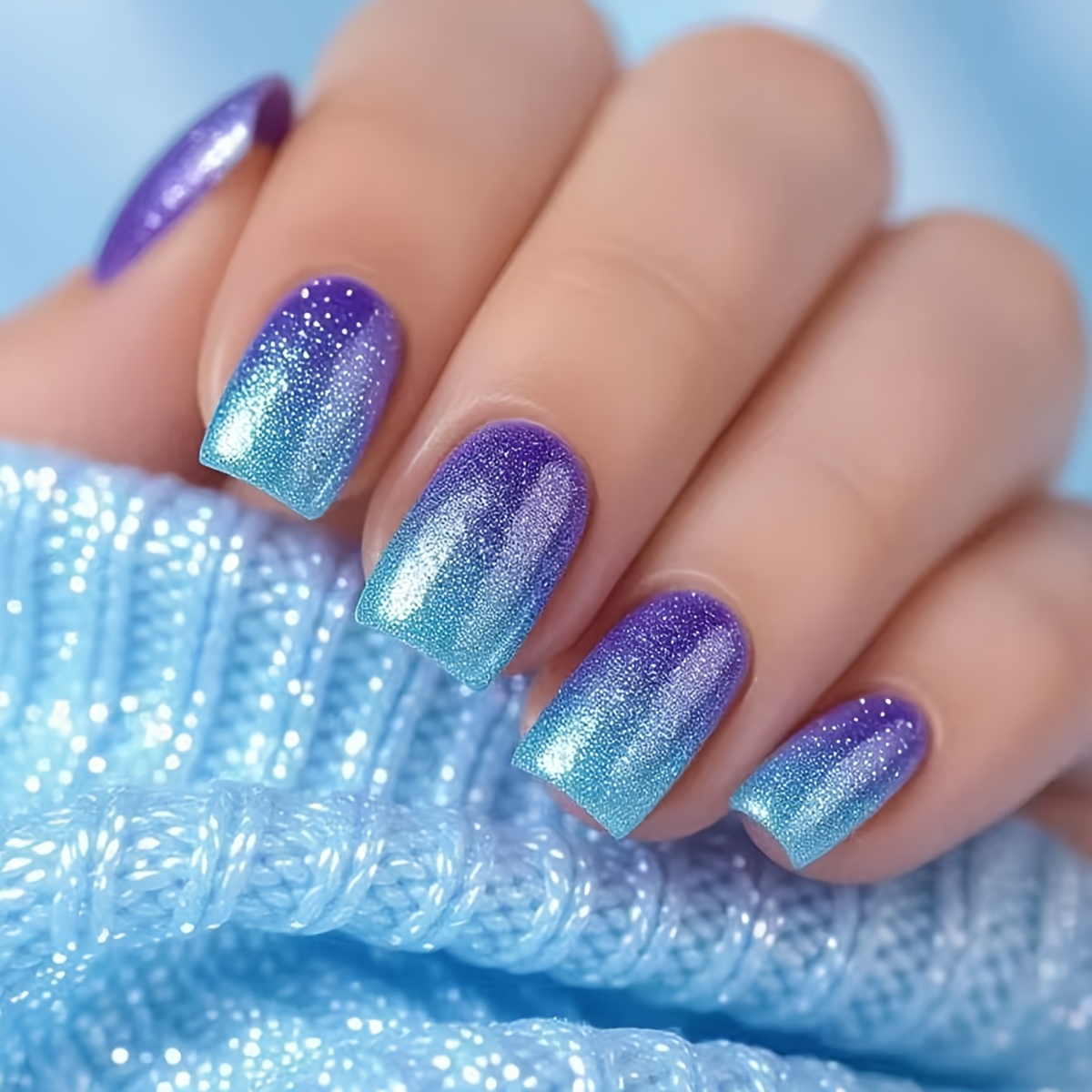 TEMU Short Blue Purple Gradient 24pcs Detachable Reusable Nail Art Bright Nail Art Nail Stickers Convenient For Daily Parties Vacations Activities