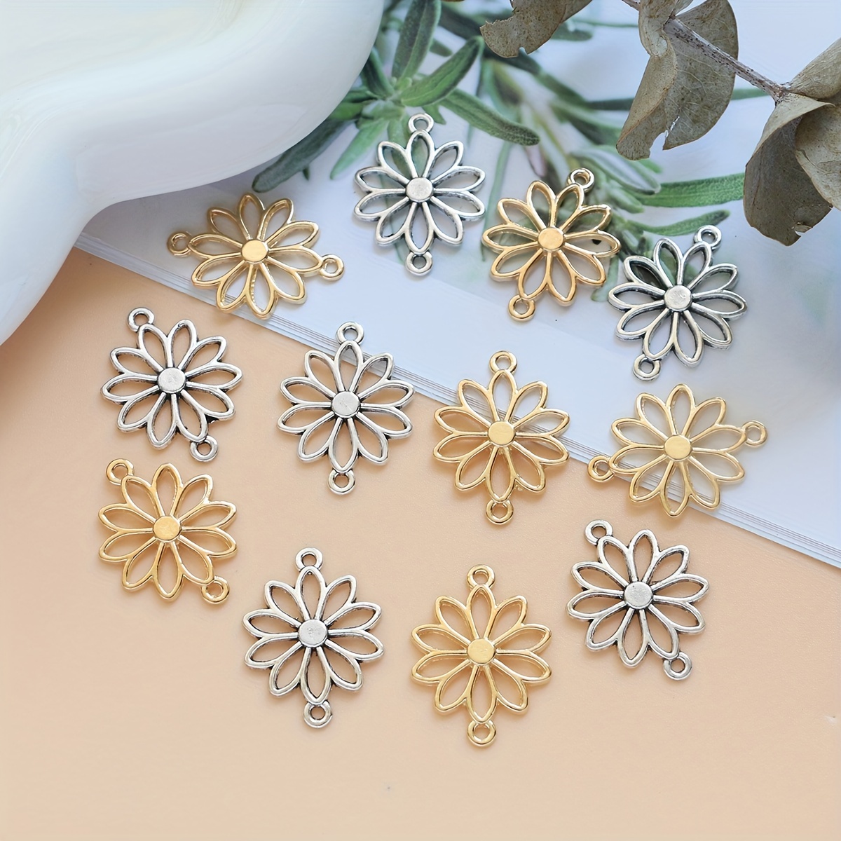 

12pcs Alloy Daisy Flower Charms, Hollow Out Design, Jewelry Making Connectors For Diy Handmade Necklaces, Earrings, Bracelets Accessories