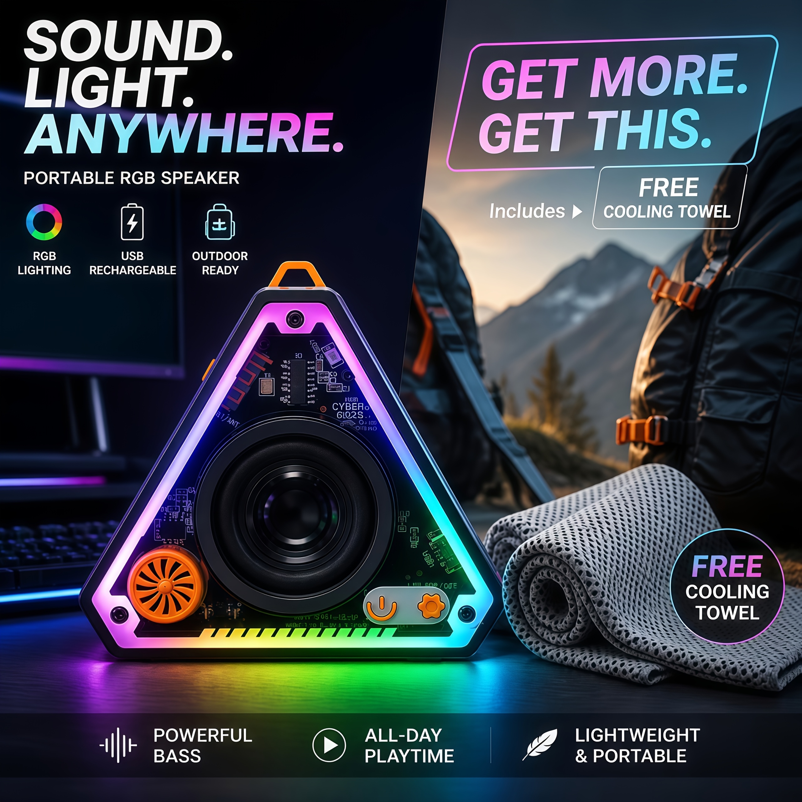 TEMU 2pcs, Wireless Speakers+ Cooling Towel, Usb Charge, With Rgb Lighting And Subwoofer, Multiple Colors , Stereo Effect And - Compatible With