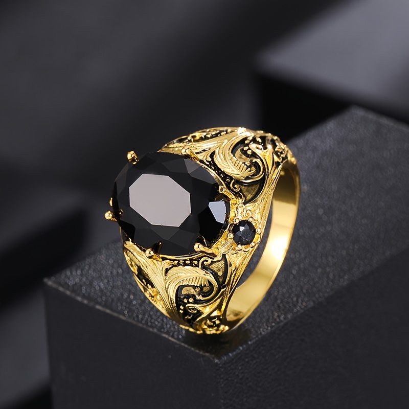 1pc Vintage Style Men'S Ring, Black Oval Synthetic Zirconia Inlay, Copper Crafted, Retro Golden Finish, Elegant Single Ring Jewelry Gift
