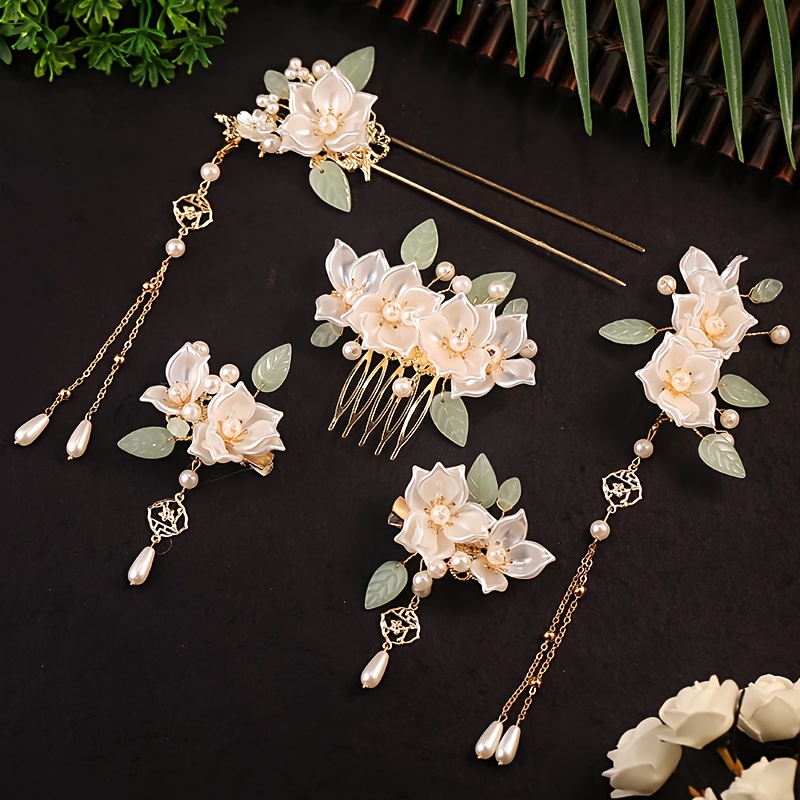 

5pc Chinese Hairpin Set, Vintage Floral And Tassel Design, Elegant Handmade Hanfu Hair Accessories, Exquisite Classical Style Hair Jewelry Set