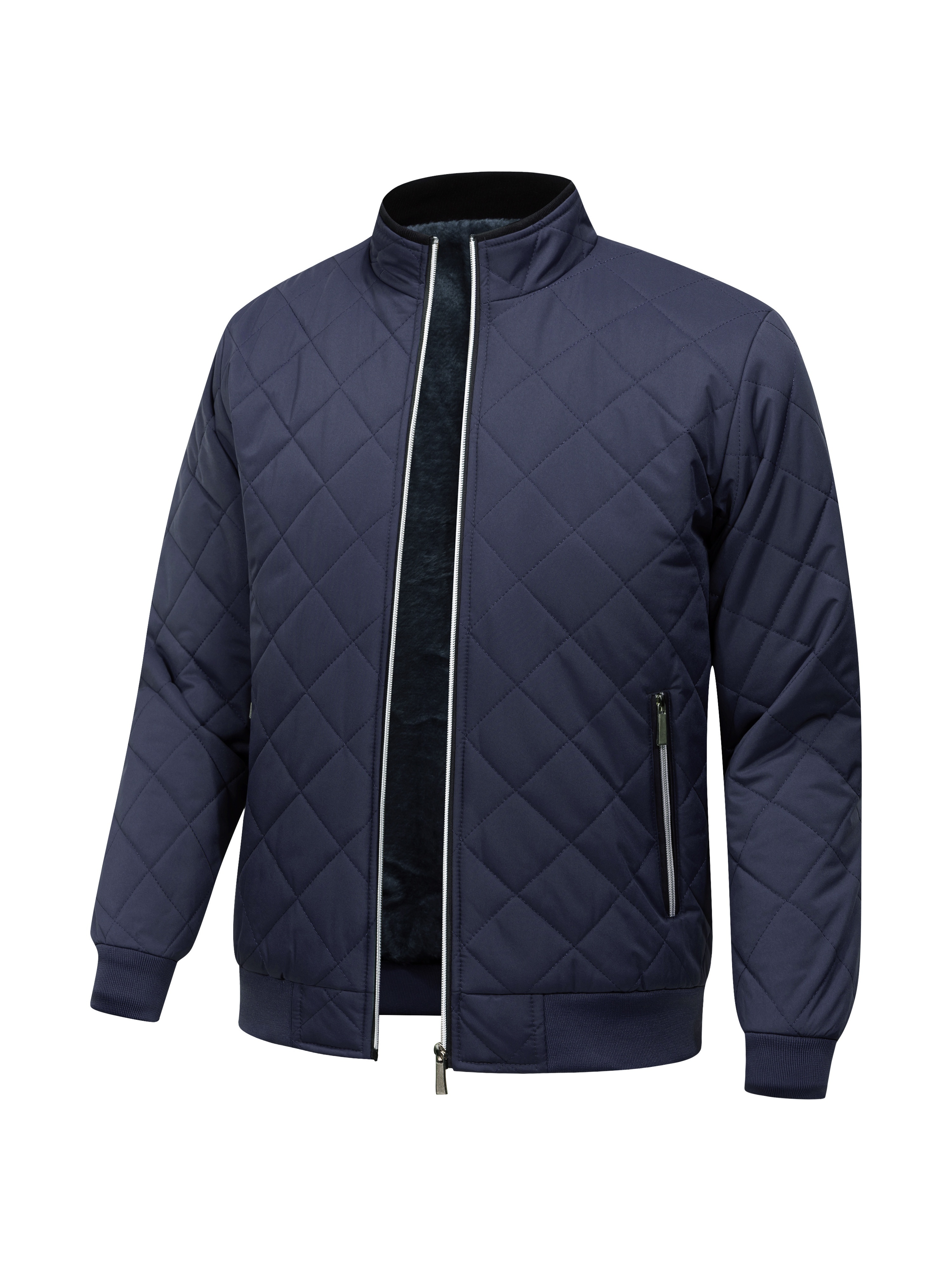 mens quilted fleece lined jacket warm stylish casual zip up with stand collar long sleeves and pockets dark green polyester   winter zip up jacket blue 2