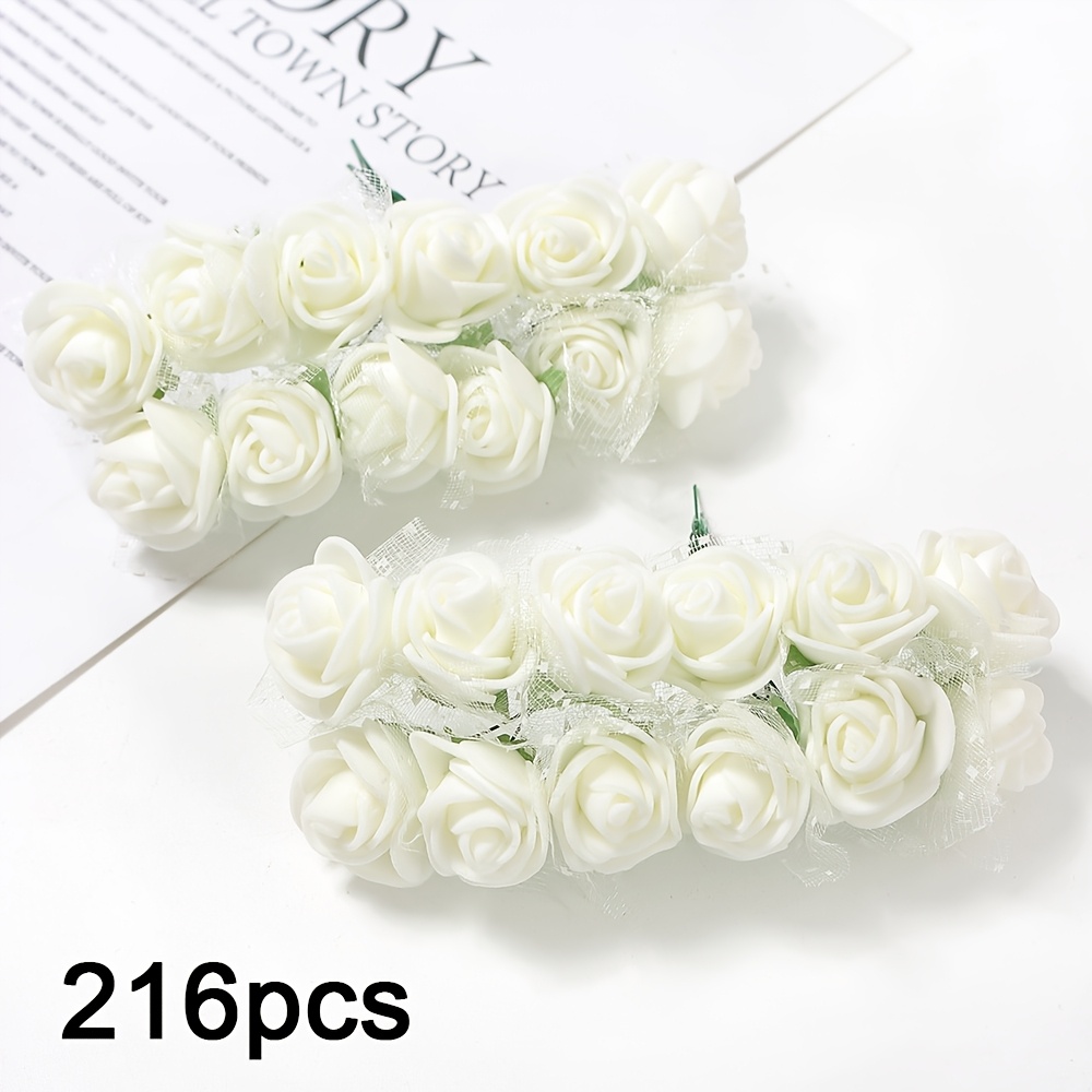 TEMU 216pcs Mini Artificial Rose Flower Heads And Soft Stem Small White Flowers With Gauze | Silk Pe Mini Flowers For Crafts Wedding Bouquet, Hair