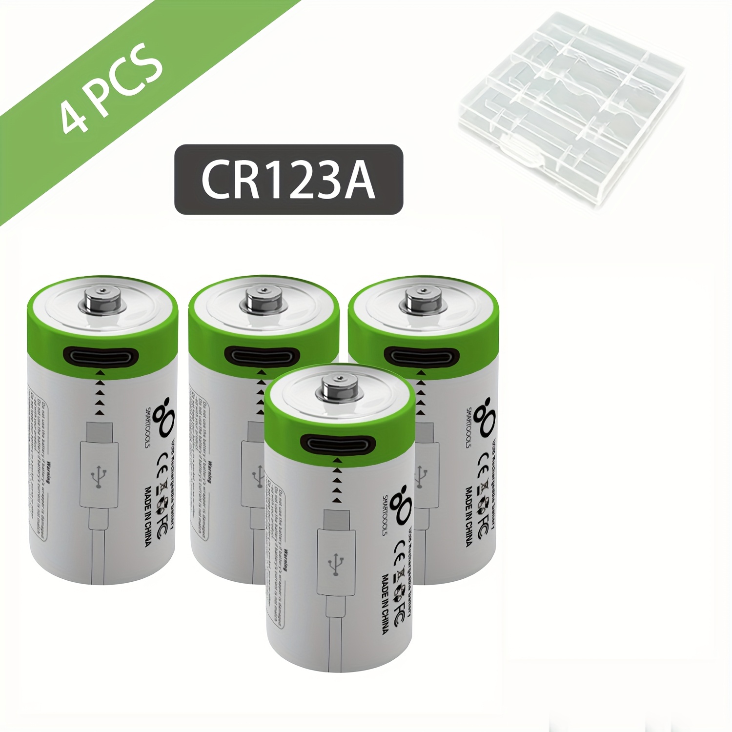TEMU 4pcs Smartoools Cr123a/cr17345/16340 Rechargeable Lithium Batteries With Type-c Fast Charging Cable - High Capacity 2500mwh 3.7v, 1200+ Cycles,