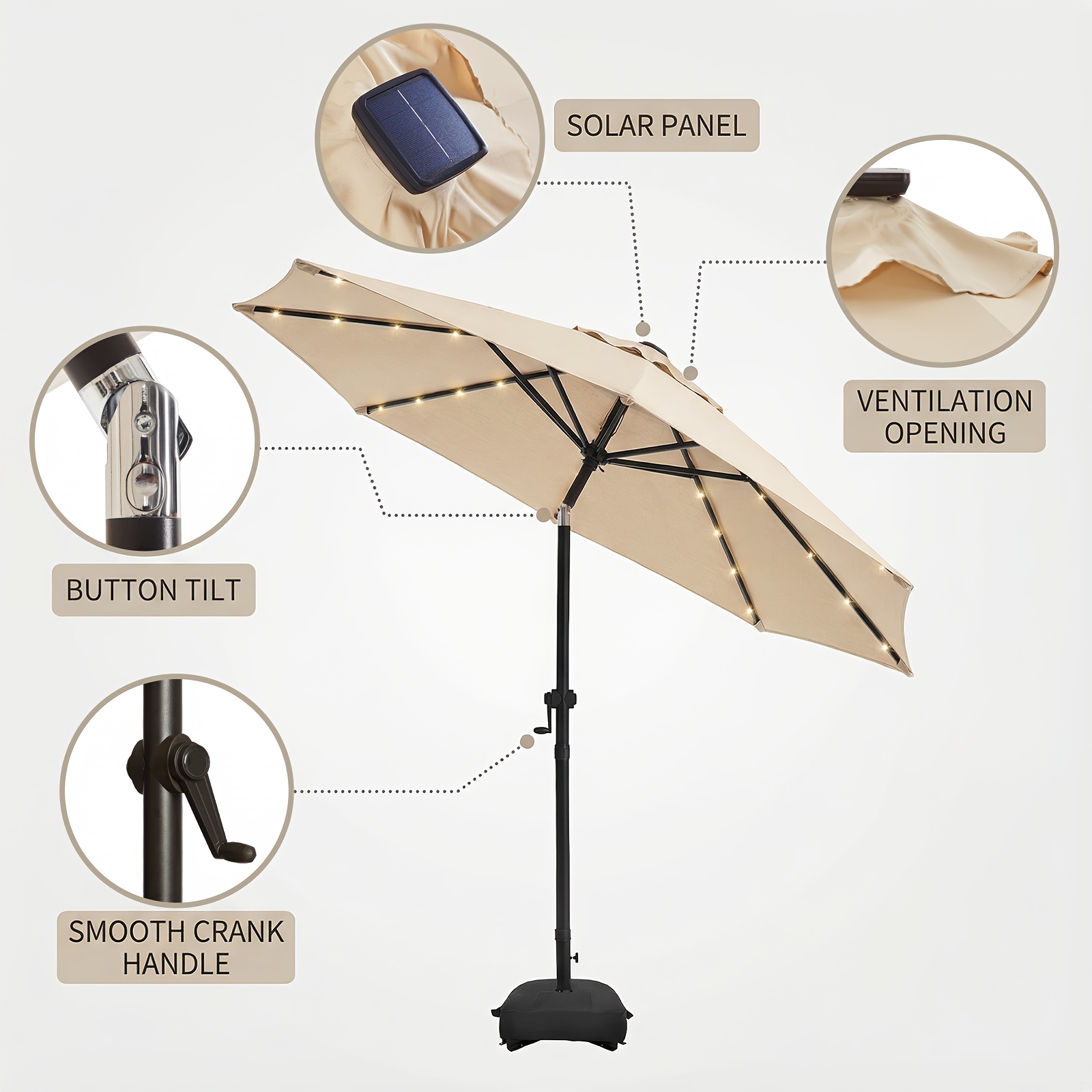 Solar 9ft Market Umbrella with Base, Deluxe 32 LED Lighted Patio Umbrella, Patio Umbrellas Outdoor Table Umbrella with Ventilation, Solar Umbrella with Push Button Tilt/Crank for Garden, Deck, Backyard, And Pool