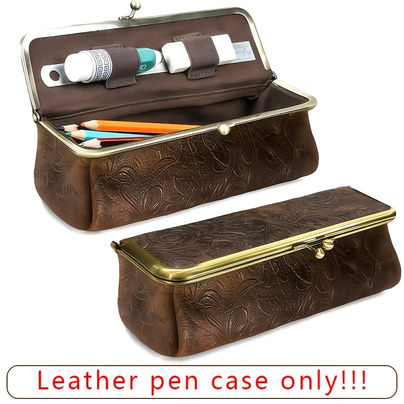 Top-layer Cowhide Large-capacity Pencil Case, Made Of Genuine Dermis - Hand-engraved Pencil Storage Box, A Must-have For Students And Professionals, Portable Full-front Storage Box