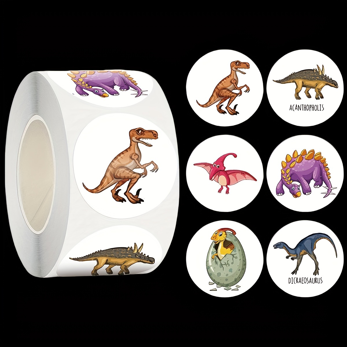 

500pcs/roll 6 Designs Dinosaur Pattern Stickers 2.5cm/1.0inch Round Teenager Gift Seal Labels