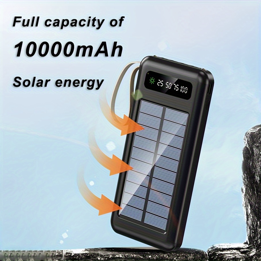 

10000mah Solar Power Bank With Usb Type C, Universal Charger, Led Light, Detachable 4-in-1 Cable, Usb Charging, ≤36v, Rechargeable Lithium Polymer Battery, Multi-device Charging