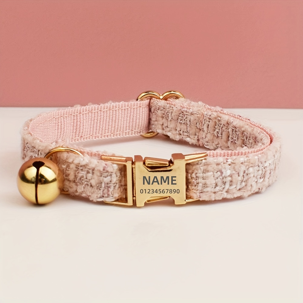 TEMU 1pc Personalized Collar With Laser-engraved Name & Phone Number Tag, Soft Comfortable Durable Dog Collar - Golden Alloy Buckle, Stylish Pet
