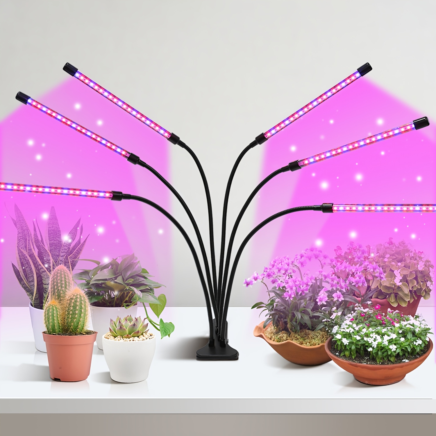 Image of Desktop Plant Light Stand 4/5/6 Heads Red Indoor Greenhouse Grow Light With Timing Control 3/9/12 Hours Adjustable Brightness Succulent Planting Flower Fill Light